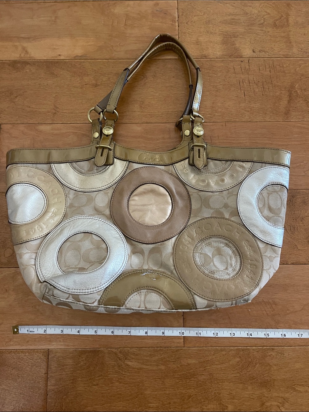 2010 Coach Beige, Tan and White Signature Circle Patchwork Tote
